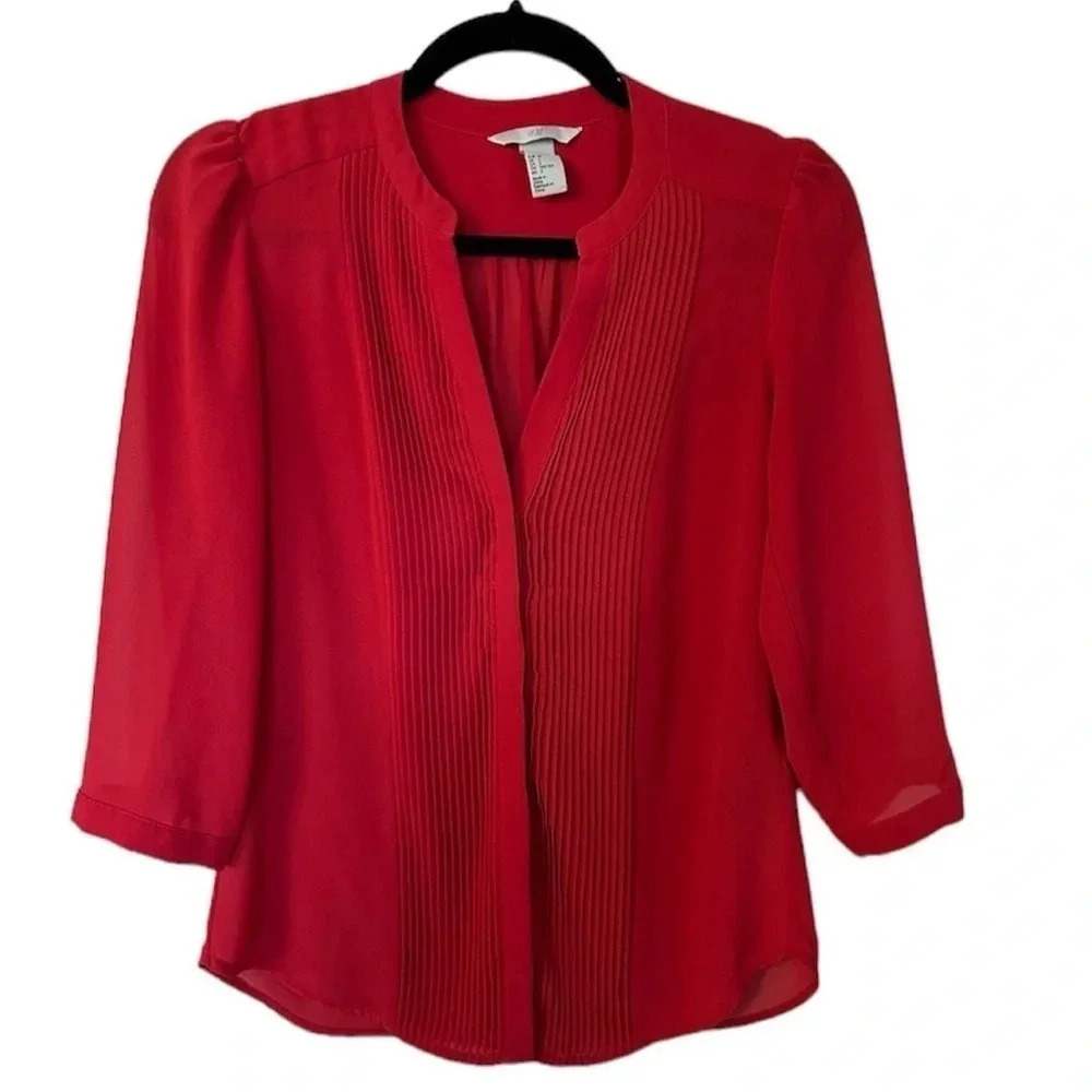 H&M Women's Red 3/4 Sleeve Button-Up Sheer/Lightweight Blouse Size 2 GUC